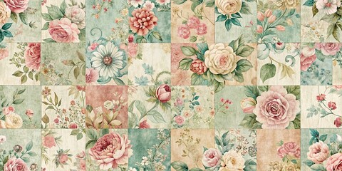 Muted Floral Patchwork Textile Design, Soft Color Palette Fabric Illustration