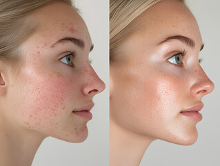 A side-by-side comparison of a woman's face before and after skincare treatment, showing a transformation from acne-prone skin to smooth, radiant, and clear skin