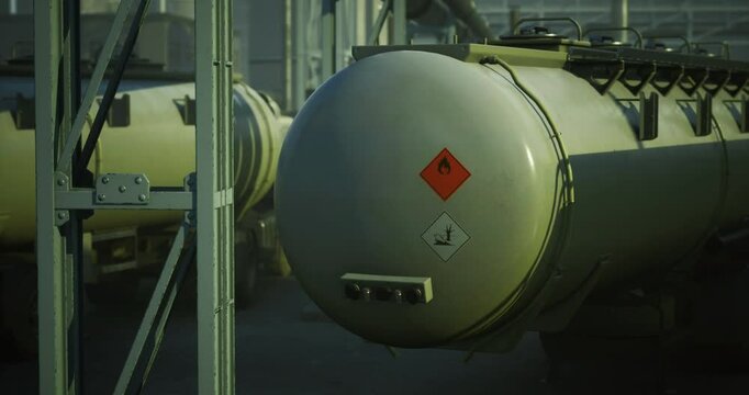 Large trucks transporting hazardous materials are positioned in a transport yard. Early morning light casts shadows, highlighting warning labels on the containers.