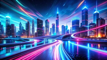 Fototapeta premium Night Cityscape: Futuristic Transportation Design with Dynamic Wavy Lines