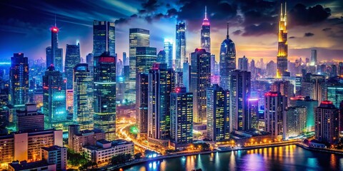 Obraz premium Night Cityscape, Illuminated Buildings, Urban Lights, Dark Sky, City at Night