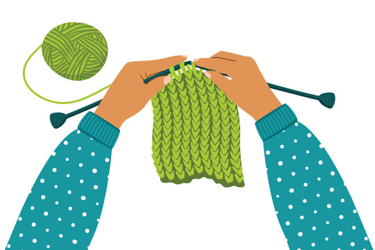 Human hands knitting from threads. Top view of the workplace. Blue, green and beige colors on white background. Vector design for use in card, banner template, poster, invitation. Flat illustration.