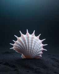 Fototapeta premium Spiky White And Pink Seashell On Dark Ocean Floor