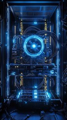 Sleek computer case illuminated by blue LED light displaying modern technology and design aesthetics