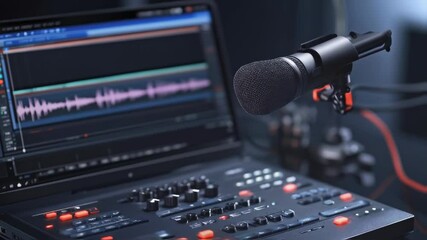 Modern studio setup features a laptop displaying audio waveforms, a mixing console, and a professional microphone, indicating an active recording or editing session