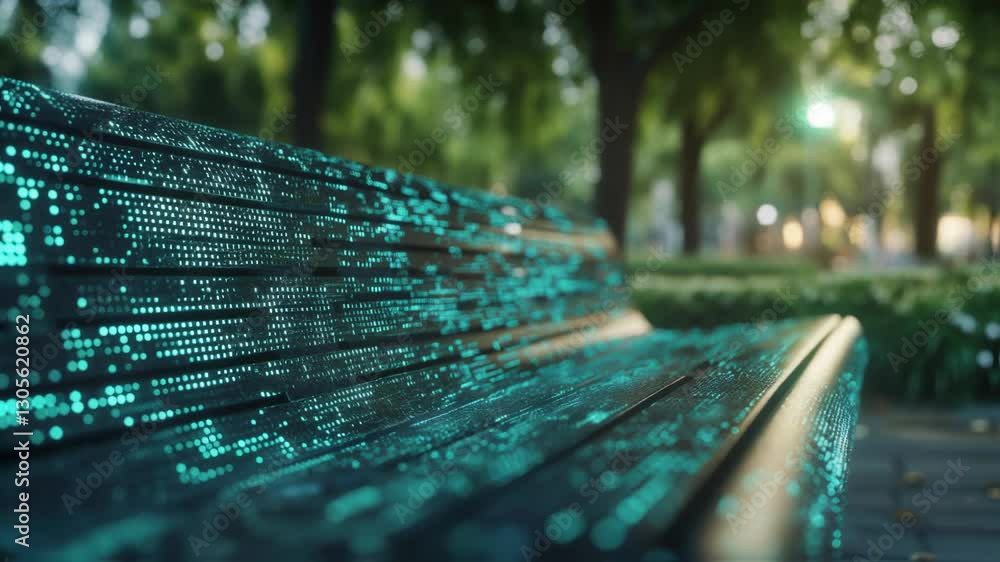 Poster glowing digital data streams across a park bench, visualizing the internet of things - iot - and its