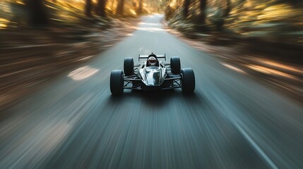 Race Car Speeding Through Wooded Forest Road