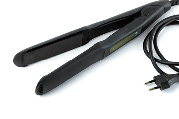 Professional black hair straightener with ceramic plates for smooth and sleek hair. Features fast heating, ergonomic grip, and a swivel cord for easy styling at home or in salons.
