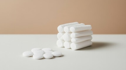Stacked white dental cotton rolls and pills on white surface