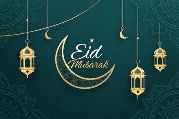 Naklejka premium Festive Eid Mubarak Greeting with Gold Lanterns and Crescent Moon