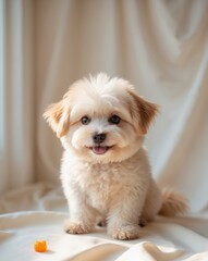 Charming dog sits patiently on light background with a treat nearby during a playful indoor moment