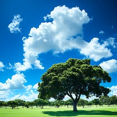 Obraz premium Green Trees And White Clouds Adorn A Bright Blue Sky