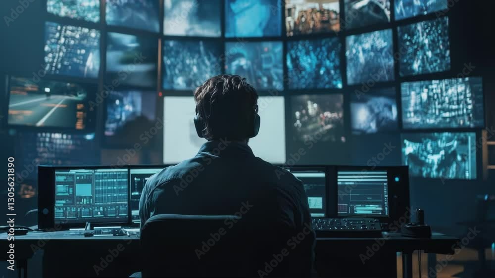 Poster professional security operator wearing headphones is working on computer in modern monitoring center