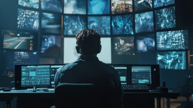 Professional security operator wearing headphones is working on computer in modern monitoring center with multiple displays showing cctv cameras footage