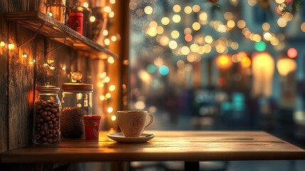 Cozy Coffee Shop Scene Warm Lights Nighttime Ambiance Romantic Evening Coffee Beans Wooden Table Winter Holiday Atmosphere Festive Decorations        