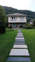 A spacious modern house is nestled in a vibrant garden with blooming flowers, set against the backdrop of majestic mountains during twilight
