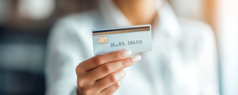 Woman holding credit card close-up view.