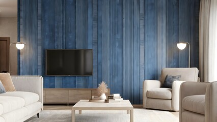 Modern cozy living room blue wall texture back