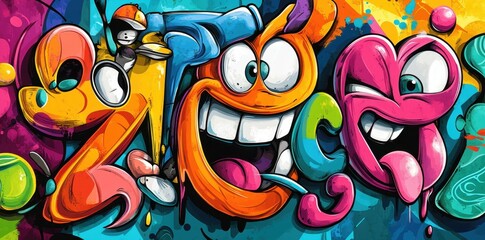 Obraz premium Colorful Graffiti Characters Displaying Vivid Expressions Against A Textured Background