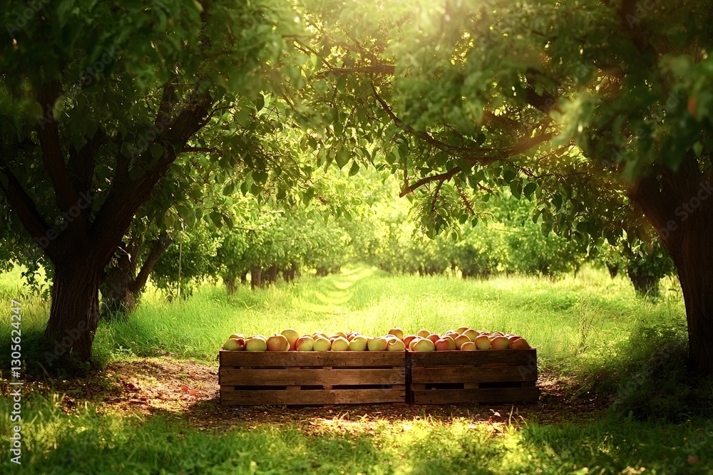 Poster two overflowing wooden crates filled with freshly picked apples sit at the edge of an apple orchard,