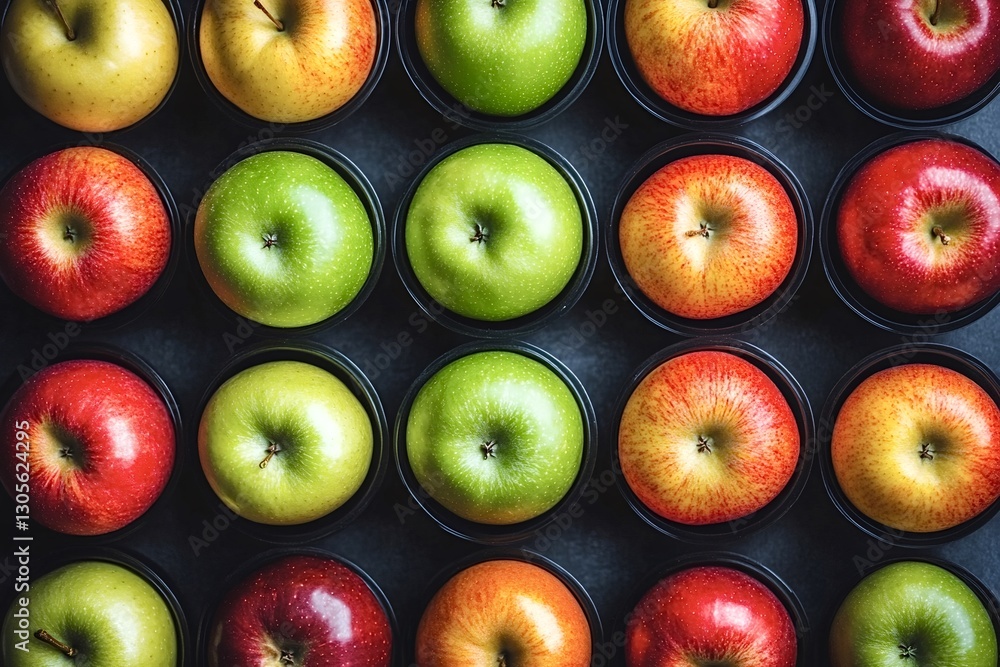 Poster red, green and yellow apples are neatly arranged in black containers, creating a vibrant and colorfu