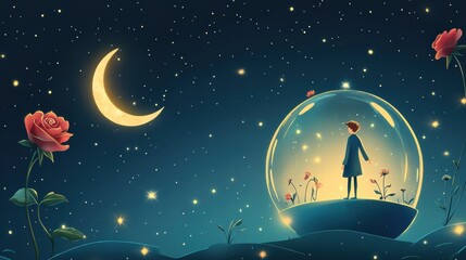 Dreamy boy inside glass bubble surrounded by stars and flowers under crescent moon at night. Generative AI