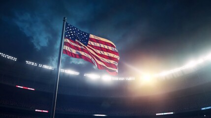 American flag flying over stadium at night, bright floodlights, dark sky, and vibrant patriotic atmosphere, wide-angle shot.
