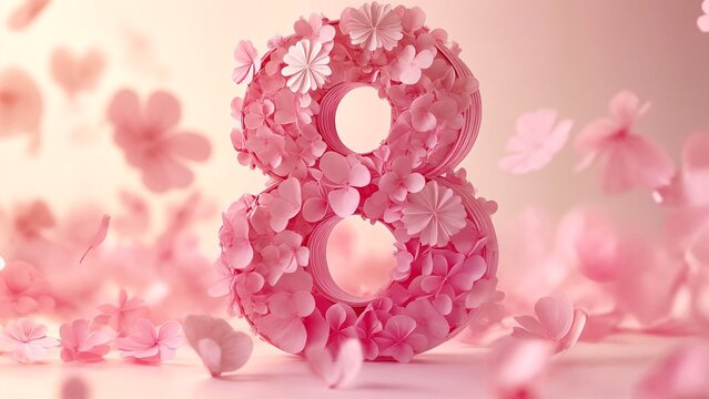 A number eight made out of pink flowers on a pink background.
