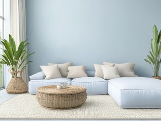 A modern living room with light blue walls and furnishings
