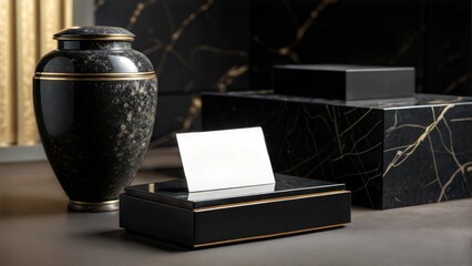 Elegant black urn with storage box and blank card on marble backdrop