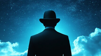 A man in a suit and hat is standing in front of a blue sky with clouds
