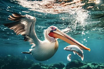 Great white pelican diving underwater with wide open wings, skillfully catching a fish with its beak in vibrant turquoise water, showcasing the beauty of marine wildlife and nature
