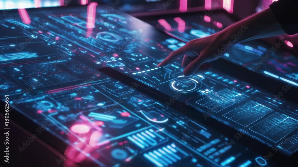 Poster engineer interacts with a futuristic touchscreen control panel, navigating complex data visualizatio