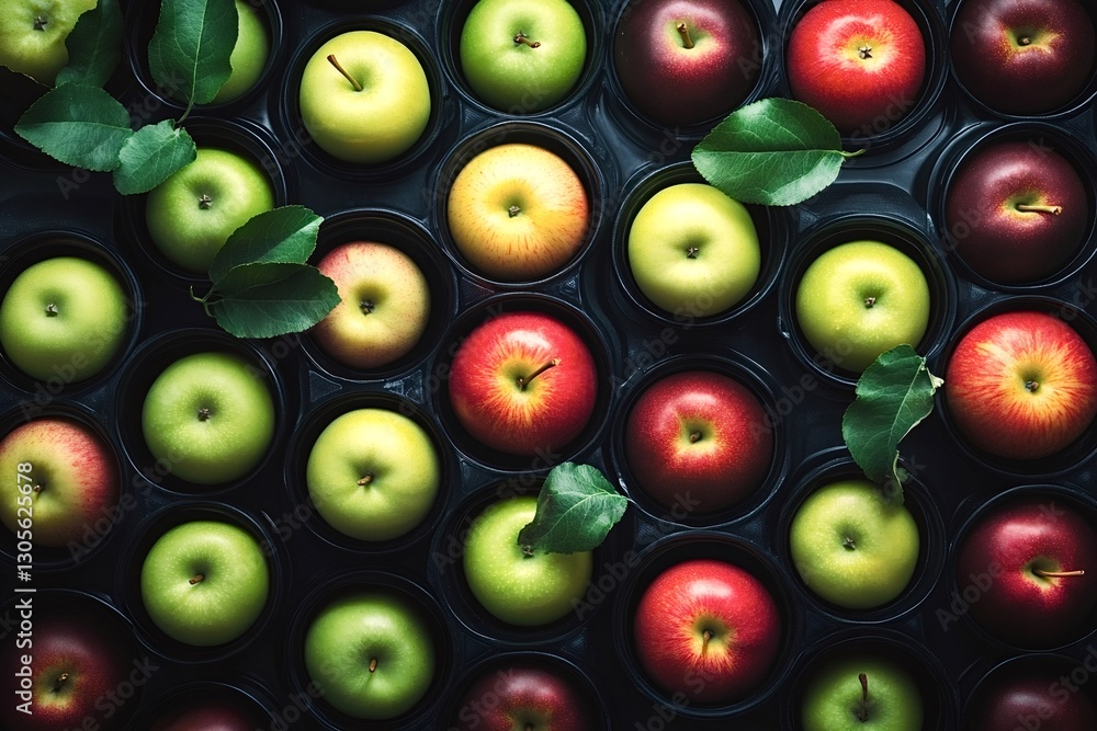 Poster displaying a collection of ripe red and green apples nestled in a tray, showcasing their freshness a