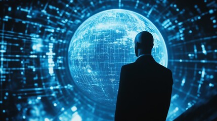 A man is standing in front of a blue globe with a computer screen behind him