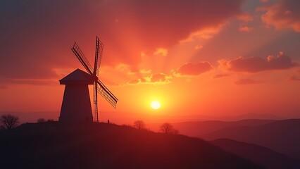 Obraz premium windmill silhouette sunset, romantic twilight atmosphere, colorful sky hues