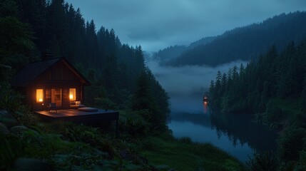 Fototapeta premium Lakeside Cabin Twilight, Misty Valley