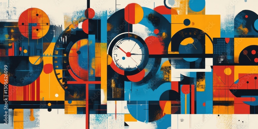 Poster abstract colorful geometric shapes and a clock form artistic composition