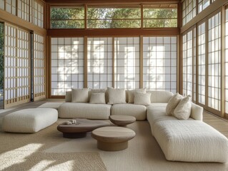 A spacious interior with a contemporary minimalist design featuring furniture