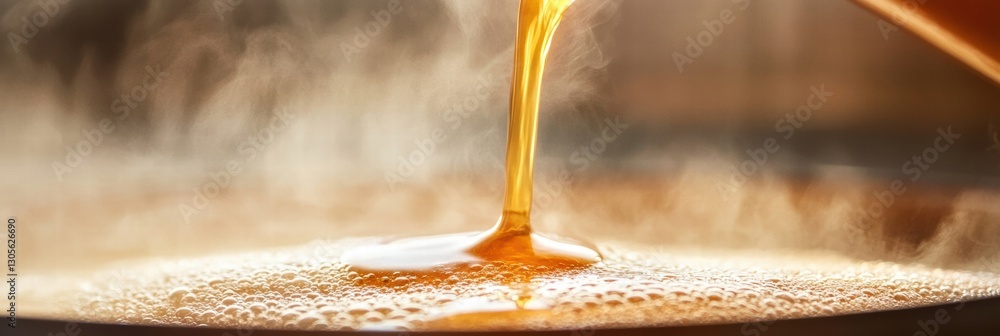 Poster golden honey pouring into a warm pot in a rustic kitchen setting during the afternoon. generative ai