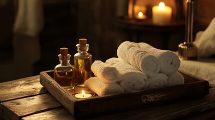 Aromatherapy oils and rolled towels on wooden tray, soft candlelight, rich earthy tones, and soothing spa atmosphere, close-up shot.