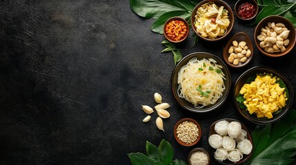 Delicious Asian Food Ingredients Overhead Flatlay Photography Dark Background Noodles Sesame Seeds Tofu Garlic Spices Healthy Eating Concept          
