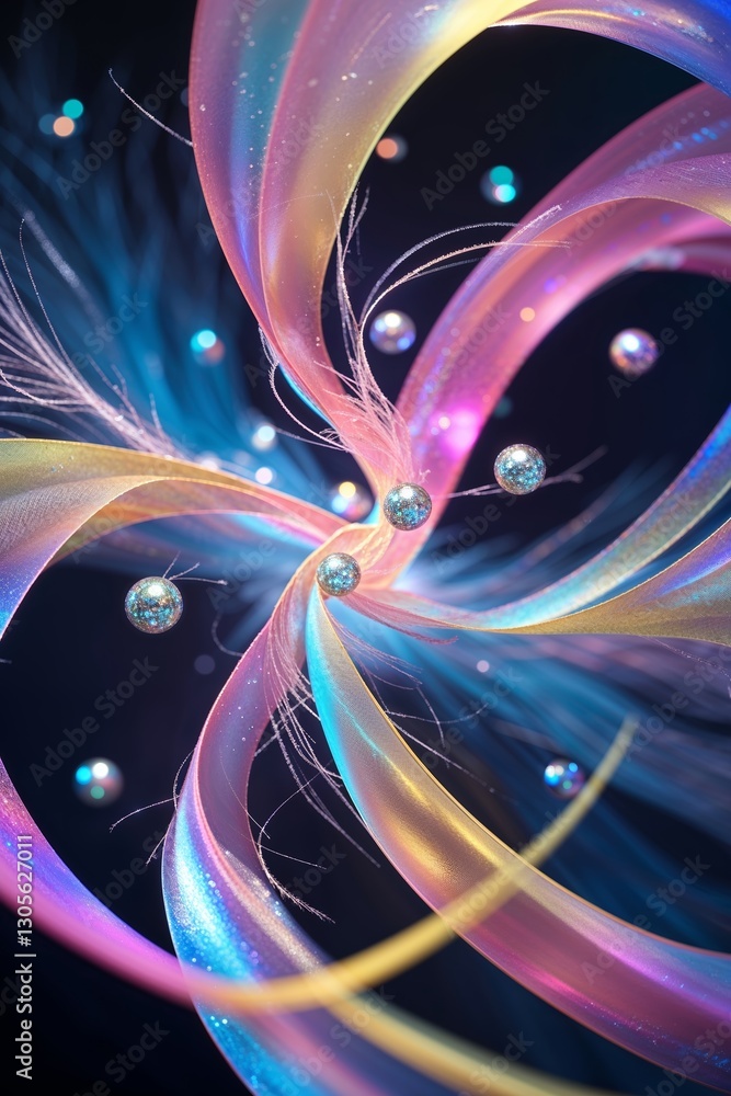 Poster colorful swirling ribbons and floating spheres create a mesmerizing abstract design in a magical atm