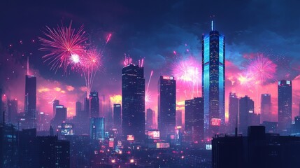 Fototapeta premium Celebrating New Year's Eve with vibrant fireworks illuminating the city skyline