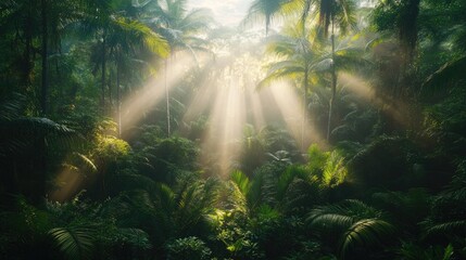 Tropical rainforest sunlight rays, lush greenery, misty atmosphere