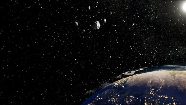 A 3D visualization of an asteroid hurtling toward Earth, depicting an apocalyptic space disaster. The scene features fiery debris, an impact crater, and the asteroid entering the atmosphere