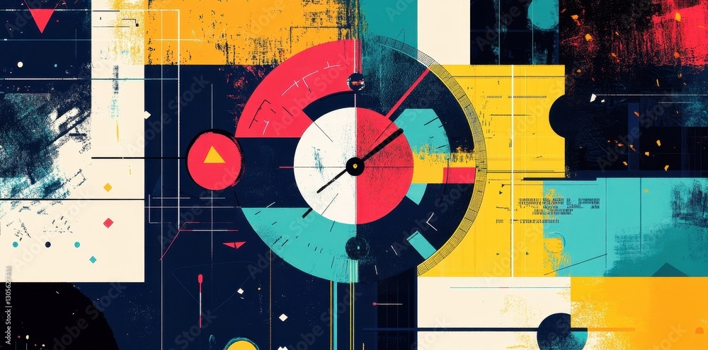 Poster abstract composition featuring a clock and a variety of shapes and colors