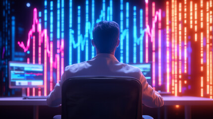 Naklejka premium Modern Stockbroker Analyzing Dynamic Market Data in Futuristic Office