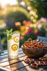 Refreshing drink with lemon and mint beside a bowl of pretzels in a sunlit garden setting during evening