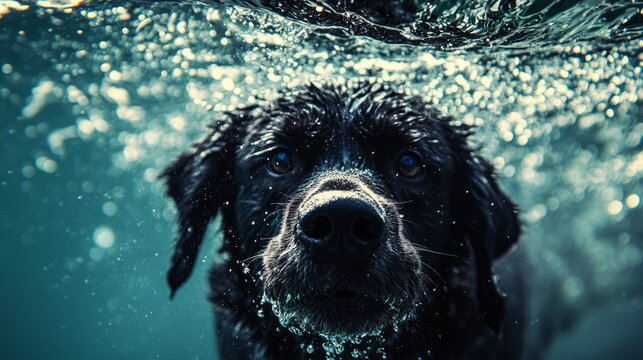 Black Labrador swimming in lake, bright midday light, cool blue and green hues, water splashing, and playful outdoor atmosphere, eye-level shot.